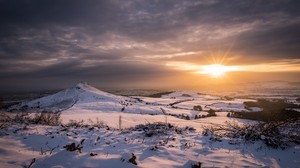 丘陵，风景，冬天，雪，日落