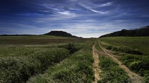 hills, field, road, sky