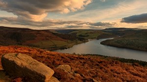 hills, river, stones, sky, clouds, autumn - wallpapers, picture