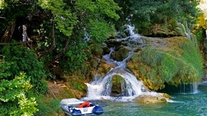 croatia, boat, waterfall, buoy, tourists, clear - wallpapers, picture
