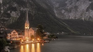 tempel, berg, sjö, belysning, hallstatt, Österrike