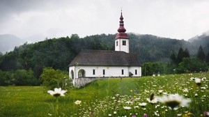 temple, field, flowers, grass, Slovenia