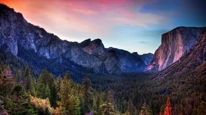 ridge, mountains, evening, hollow, forest - wallpapers, picture