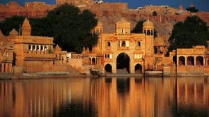 india, buildings, arches, water, architecture, shore