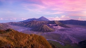 indonesia, island, java, volcano, bromo, hills, height, blue, pink, sky, clouds