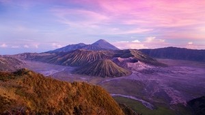 indonesia, saari, java, tulivuori, bromi, mäet, korkeus, sininen, vaaleanpunainen, taivas, pilvet