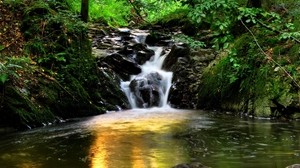 spain, aragon, torla, waterfall, forest, trees, stones, light, reflection