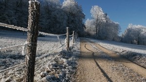 hedge, stakes, hoarfrost, gray hair, winter, cold, road, country