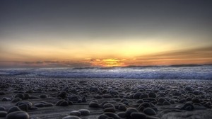 stones, coast, beach, wave, sand, evening, sunset