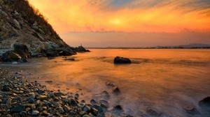 stones, coast, fog, rocks, water, sunset, evening - wallpapers, picture