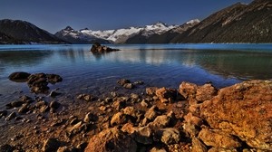 stones, shore, water, lake, transparent, mountains