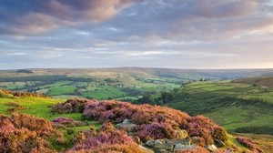 stones, flowers, mountains, hills, slopes, the sky, clouds, clouds, gray, horizon