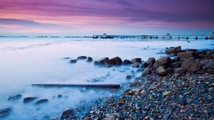 stones, pebbles, shore, evening, fog, malaysia, resort - wallpapers, picture