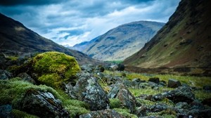 stones, moss, mountains, hollow, the sky, cloudy - wallpapers, picture