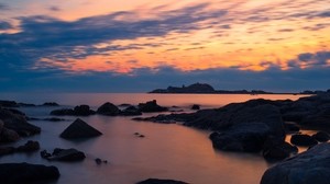 stones, sea, sky, evening, coast, mediterranean
