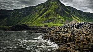 stones, sea, waves, mountain, greens, descent, cascades - wallpapers, picture
