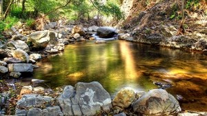 stones, lake, reflection, gaps, shadow, coolness, spring, stream