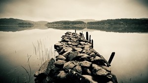 stones, pier, water, black and white, gloom - wallpapers, picture