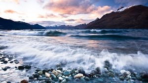 stones, beach, wave, foam, mountains, clouds, water