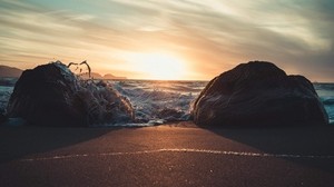 piedras, surf, orilla, arena, puesta de sol