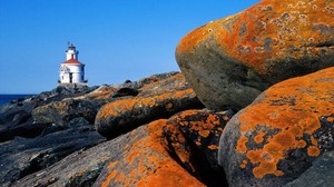 stones, spots, shore, lighthouse, sea
