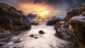 stones, rocks, stream, water, sea, sky, clouds, orange, clearance - wallpapers, picture