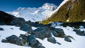 stones, snow, mountains, thawing, spring, light