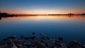piedras, agua, puesta de sol, lago, tarde
