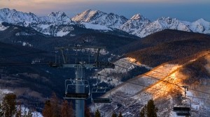 cableway, mountains, winter, snow, peaks