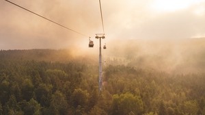 cableway, fog, trees, clouds