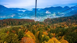 teleférico, vista superior, árboles, montañas, otoño