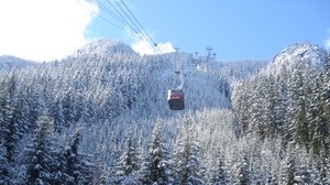 teleférico, vagón, árboles, invierno