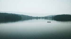 canoe, boat, lake, fog, silhouettes