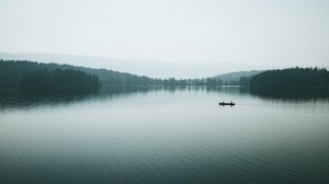 canoa, barco, lago, niebla, siluetas