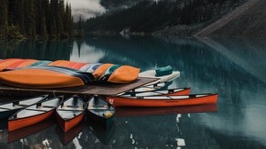 canoe, boats, lake, pier, mountains
