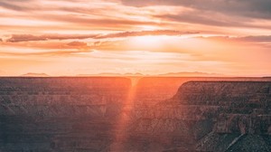 キャニオン、夜明け、太陽光線、雲、風景