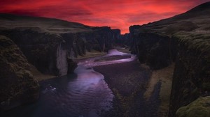 cañón, río, noche, fjadrarglyufur, islandia