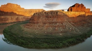 canyons, river, turn, trees, shore