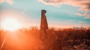 haube, einsamkeit, sonnenuntergang, mann, gras