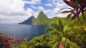 caribbean, ocean, palm trees, peaks