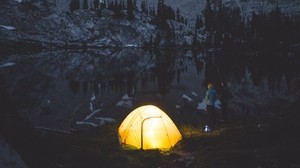 camping, tent, mountains, lake, night, people