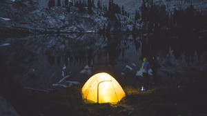 camping, carpa, montañas, lago, noche, gente - wallpapers, picture