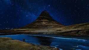 hill, river, starry sky, night - wallpapers, picture