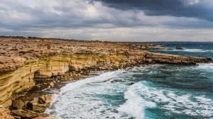 cyprus, cliff, coast, waves - wallpapers, picture