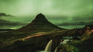 Kirkufell, mountain, waterfall, starry sky, Iceland - wallpapers, picture