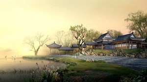 china, jardín, patio, minimalismo, niebla, lago