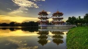 China, edificios, arquitectura, lago, reflexión, mañana, orilla