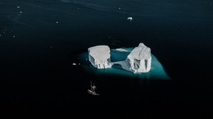 ship, iceberg, top view, ocean, snow