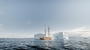 ship, ice floes, iceberg, sea, ripples