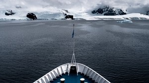 ship, glacier, mountain, snow, fog